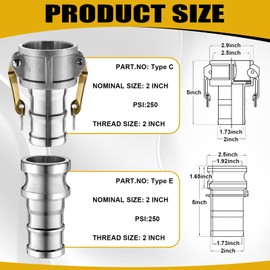 Innconee 2 Set Camlock Fittings Type C&E 2 Inch Aluminum Cam and Groove Hose Fitting Kit include 2" Female Coupling Cam lock, 2" Male Adapter Camlock, Gasket, Hose Clamps for Industrial