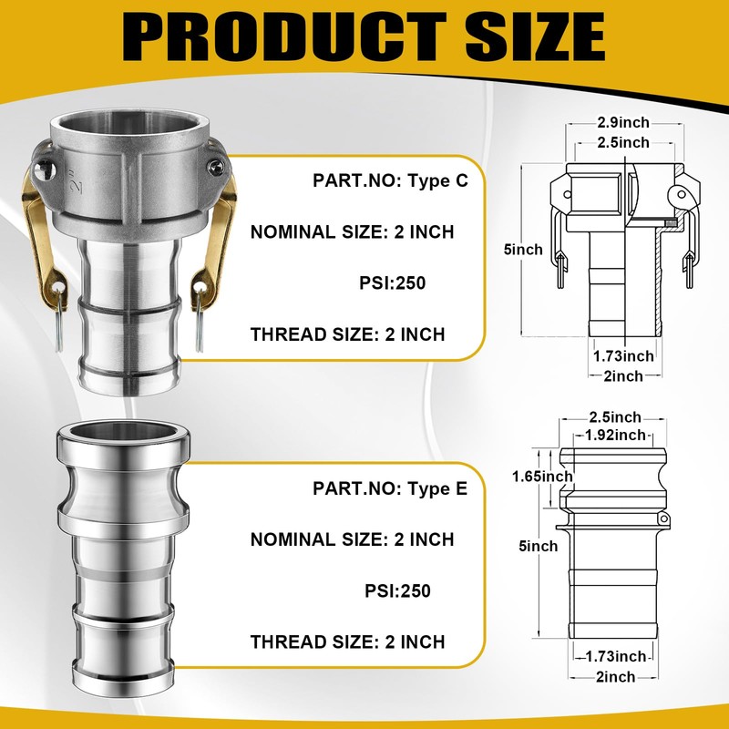 Innconee 2 Set Camlock Fittings Type C&E 2 Inch Aluminum