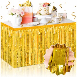 3 Pack 29 x108 Inch Gold Foil Fringe Table Skirts Metallic Banner for Tinsel Streamer Garland Backdrop for Parade Floats Mother's Day, Graduate, Birthday, Wedding Party Decoration