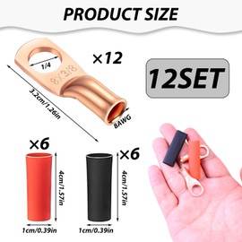 12 Pack 8 AWG x 3/8" Tinned Copper Ring Terminals with 3:1 Heat Shrink Tubing(6 Black + 6 Red), Wire Terminals Battery Cable Ends Connectors for Electrical, Vehicle, Boat, Solar & DIY Applications