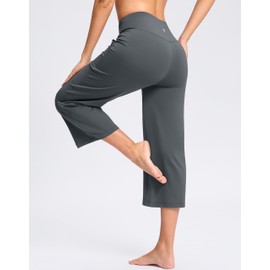Women's Capri Pants with Pockets High Waist Yoga Pants Wide Leg Workout Crop Summer Pants for Casual, Travel, Exercise(Dark Grey, XL)