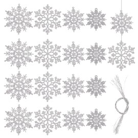 SUNNYCLUE 1 Box 36Pcs Christmas Plastic Snowflakes Ornaments Large Assorted Sizes Sparkling Silver Color Xmas Glitter Snow Flakes Party Decoration Bulk for Winter Wonderland Holiday Parties Home Decor