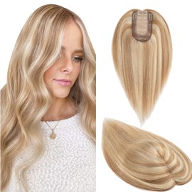 S-noilite Hair Topper Human Hair Clip In On Remy Silk Base Crown Topper For Women With Hair Loss Thinning Hair Clip On Top Hairpiece 120% Density,14 inch Golden Brown & Bleach Blonde