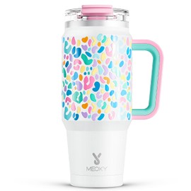 Meoky - Vaso de 32 onzas con asa, vaso aislado con tapa y popote, taza de viaje de acero inoxidable, mantiene el frío durante 24 horas, 100% a prueba de fugas, cabe en portavasos de coche (leopardo)
