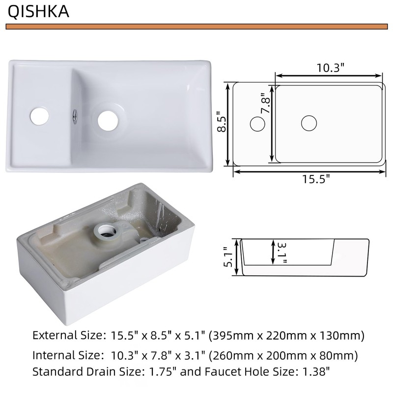 Small Wall Mount Bathroom Vessel Sink, QISHKA 15.5" X 8.5"