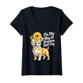 Womens On My Way to Brighten Your Day Cute Dog Sunflower Look V-Neck T-Shirt