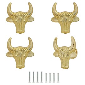 Vintage Animal Cabinet Knobs, Decorative Metal Cattle Cow Head Shape Knobs Pulls Handles for Drawer Cupboard Closet Dresser Knob Decor Rural Kitchen Furniture Hardware Handle 4 Pcs (Gold)