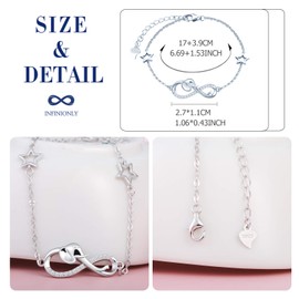INFINIONLY Women's Bracelets, 925 Sterling Silver Bracelet, Infinity Symbol Bracelets with Elephant, Decorated with Diamonds, Heart or Stars, Silver, Inlaid Zircon, Animal Element Bracelet, Sterling