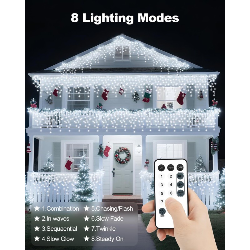 Vynoblip Christmas Icicle Lights Outdoor,8 Modes Indoor Decor String Lights