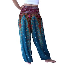 Full Funk Rayon Smock Waist Pants Pocket Straight Peacock Feather Artwork Sea Green M