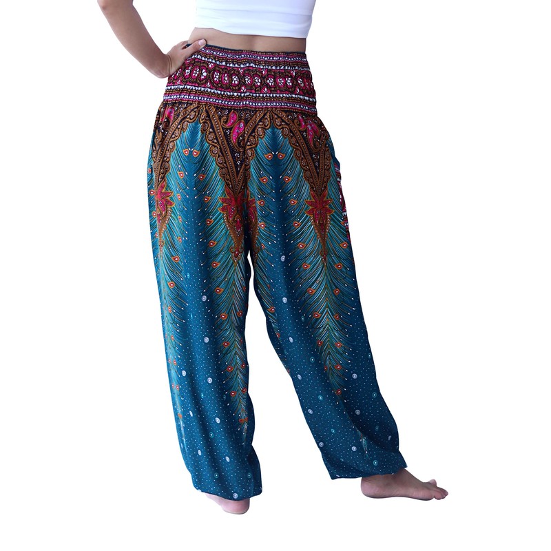 Full Funk Rayon Smock Waist Pants Pocket Straight Peacock Feather