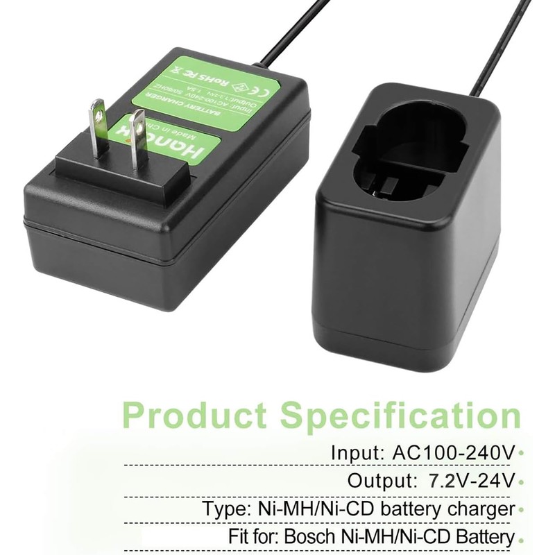 Hanaix 7.2V- 24V Ni-MH Ni-CD Charger Compatible with Bosch BAT030