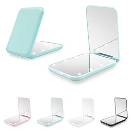 Espejo de Bolsillo 1x/2x Aumento LED Espejo Compacto Maquillaje Pequeño Espejo Maquillaje Viaje con Luces Mini Espejo Mano Portátil Plegable Doble Cara (Verde)