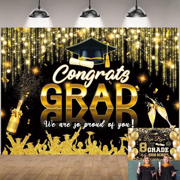 Congrats Grad Backdrop Black Golden Glitter Graduation Photography Background Graduation