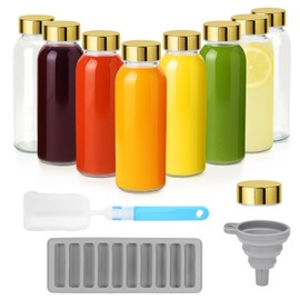 Zukro Glass Water Bottles with Gold Lids 10.5 oz, 8 Pack Clear Reusable Glass Small Juice Bottles for Juicing, Milk, Ginger Shot, Stainless Steel Cap, BPA-Free Leak Proof 300ml Drinking Container Jar