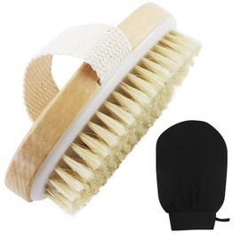 Body Brush and Exfoliating Glove Set, Dry Brush, Exfoliating Brush, Natural Bristles, Bath Brush for Removing Cellulite, Dead Skin, Improves Lymphatic Functions, Exfoliating