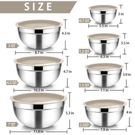 TeamFar Mixing Bowls with Lids, 7 Pieces Stainless Steel Metal Nesting Salad Bowls for Baking Prepping Serving, 7, 4.5, 3, 2.5, 1.5, 1.2, 0.7 QT, Non-Toxic & Sturdy, Airtight Lid & Easy Clean, Khaki
