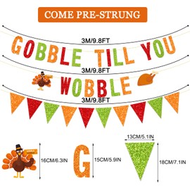 CAVLA Glitter Gobble Till You Wobble Banner Glittery Pennant Garland Thanksgiving Day Fall Banner with Turkey and Ham Signs Friendsgiving Turkey Day Wall Fireplace Party Decorations