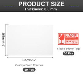 MECCANIXITY Foam Packing Pouches, 50pcs 10x12 Inch Wrap Bubble Pouches Cushion Foam Packing Supplies White with 36 Fragile Tags for Dishes Furniture Glasses Cups Moving Storage