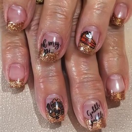 SHUXILIN Thanksgiving Press on Nails Short Square Fake Nails with Turkey Pizza Designs Glossy Glue on Nails Rose Gold French Tips False Nails Acrylic Nails for Women Girl Thanksgiving Nails Supplies