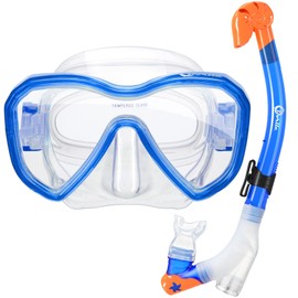 Dorlle Children's Snorkel Set Diving Set Snorkel Mask with 3-Channel Premium Dry Snorkel and Anti-Leak Anti-Fog Diving Goggles Professional Snorkel Set for Children, Blue
