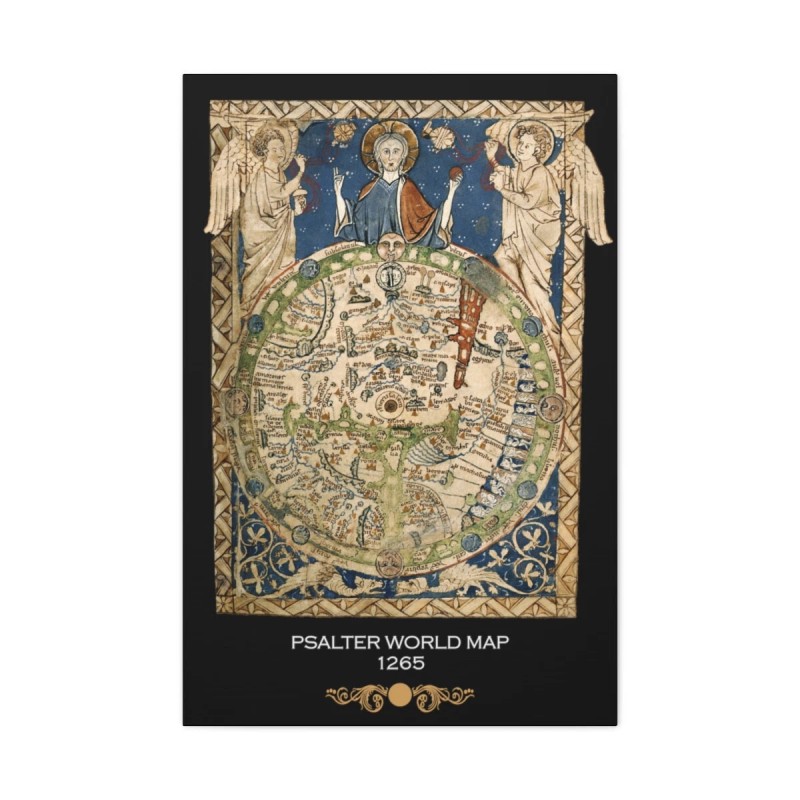PSalter World Map 1265 Flat Earth Black Matte Canvas, Stretched,
