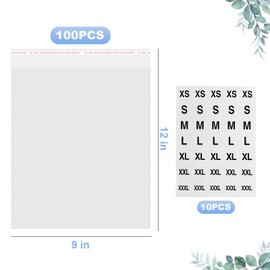 100 Count T Shirt Bags, Cellophane Bags Clear Poly Bags Plastic Bags For Packing Clothing Self Sealing Bag With10 Pcs Size Stickers (9 * 12)