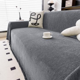 ALIECOM Gray Couch Cover for Dogs Washable Sofa Covers for 3 Cushion Couch Chenille Soft Throw Blanket Sofa Slipcover with Tassel L Shaped Sectional Cover Pet Furniture Protector (Grey, 71x142 Inch)