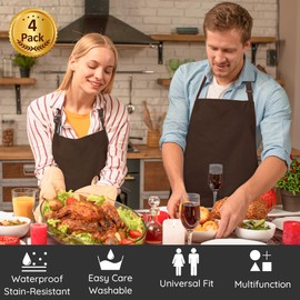 4 Packs Chef Apron, Waterproof Apron, Adjustable Apron with 2 Pockets for Men Women, Professional Apron for Kitchen Cooking Gardening Painting Baking Restaurant (Coffee)