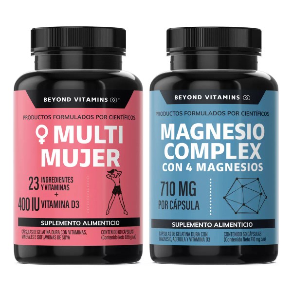 Beyond Vitamins Kit - 1 Multivitaminico De Mujer Con 23 Ingredientes Y Vitamina D3 + 1 Magnesio Complex Con Citrato De Magnesio, Glicinato De Magnesio Y Gluconato De Magnesio - Sin Rellenos - Paquete