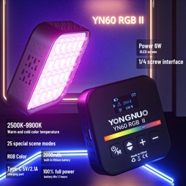 YONGNUO YN60RGB II LED Panel Video Light with OLED Screen, 68pcs LED Lamps 2500-9900K Color Temperature CRI 95+ HSI 0-360 Degree, 25 Special Scene Modes, 2000mAh Built-in Lithium Battery