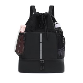 U.helper Waterproof Gym Drawstring Backpack, Sports Sack with Shoes Compartment & Wet Pockets for Ball/Beach/Swim Training (Black)