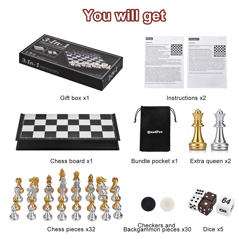 QuadPro 3 in 1 Magnetic Chess Checkers Backgammon Board Game