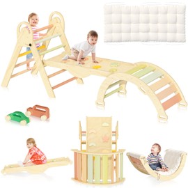 investfun Pikler Triangle Set, Baby Climbing Playset Toys Indoor, Jungle Gyms for Toddlers Ages 1-4, Toddler Climbing Playground with Cushion & Toy Car (Bohemia & Cushion & 2Car)