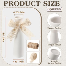 Ninehaoou 6 Pcs Ceramic White Vases for Home Decor with Cotton lace and Rope 7.09 inch Tall Vases for Centerpieces Modern Floral Vase Wedding Party Event Home Office Decoration