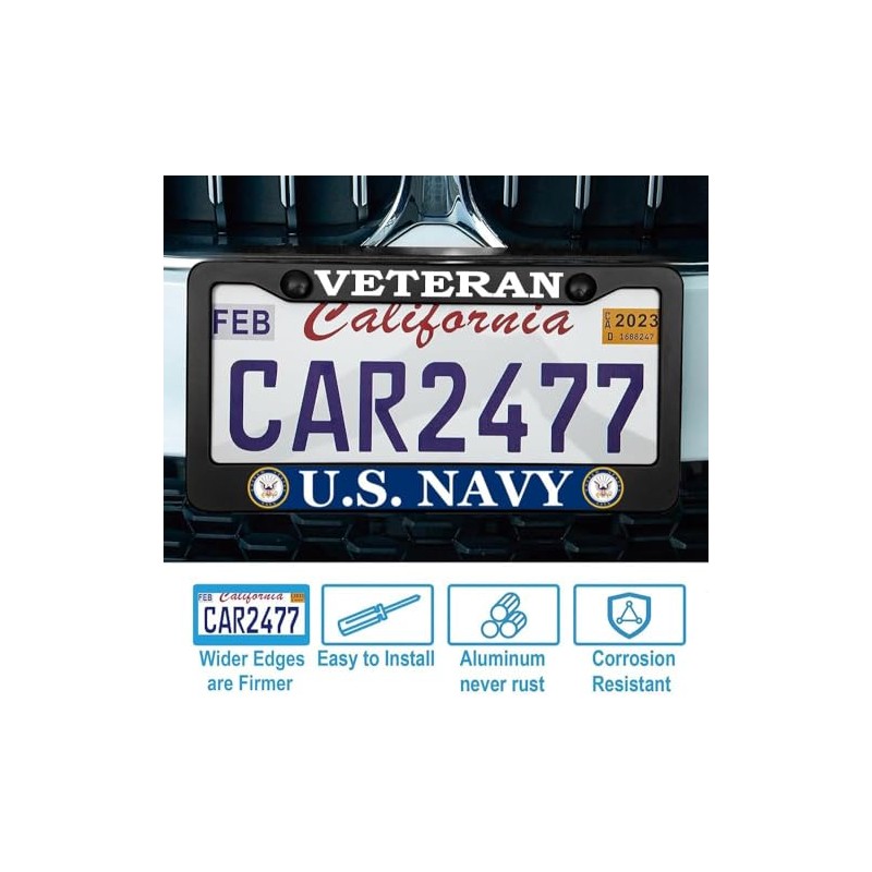 2 Pcs Veteran License Plate Frame for U.S. Navy,Black Matte