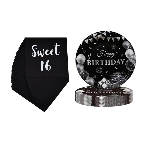 Black and Silver 16th Birthday Plates and Napkins Set,16th Birthday