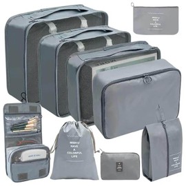 Packing Cubes Set of 9 - Multifunctional Suitcase Organiser for Compression Packing Cubes, Packing Cubes, Cosmetic Bag, Shoe Bag, Travel Gadgets (Grey, 9 Pieces)