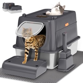 Bienvoun Stainless Steel Cat Litter Box with Lid, Front Entry Top Exit Metal Litter Box XL with Cover, Extra Enclosed Litter Boxes with Litter Scoop & Litter Mat, Non-Sticky, Non-Odor, Dark Grey