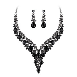 BriLove Women's Wedding Bridal Austrian Crystal Teardrop Flower Leaf Vine Cluster Statement Necklace Dangle Earrings Jewelry Set Black Black-Tone