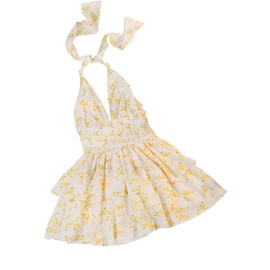 SKAYS Women's Summer Floral Halter Neck Tie Backless Pleated Waist Short Double-Layer Ruffle Dress Yellow L