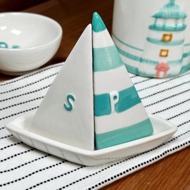 Salt Pepper Set Sail Boat Ceramic Novelty Kitchen Seaside Nautical Shaker Pots