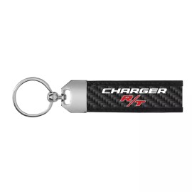 iPick Image Dodge Charger R/T Real Carbon Fiber Leather Strap Key Chain with Black stitching