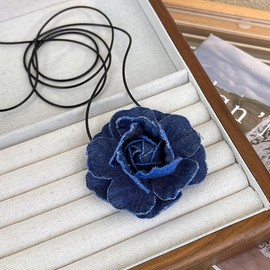 Bethynas Vintage Blue Denim Flower Choker Necklace Artificial Rose Floral Lace-up Necklace Long Wrap Leather Tie Neck Accessories for Bridal Summer Party for Women (Large, Dark Blue)