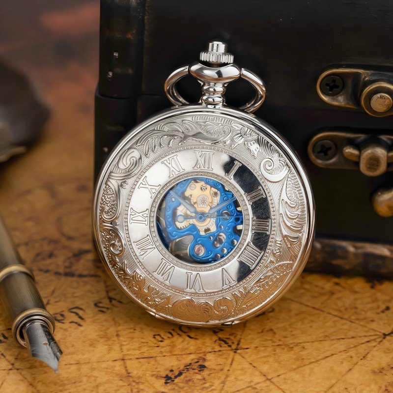 Kchss Mechanical Roman Numerals Dial Skeleton Pocket Watches with Luxury