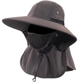 HEEHIPOO Mens Women Fishing Hat UPF 50+ Wide Brim Sun Hat with Face Cover & Neck Flap Dark Gray