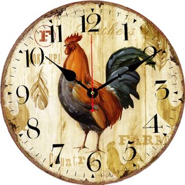 BERYART Kitchen Wall Clocks - Home Decorative Animal Wall Clock,14 Inch Silent Non-Ticking Quartz Battery Operated Clock, Easy to Read Arabic Numerals Rooster Pattern Wooden Wall Clocks