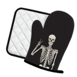 Human Skeleton Posing Oven Mitts and Pot Holders Kitchen Cooking Gloves 2 Pcs Set Heat Resistant Pad for Baking BBQ Home Decor