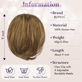RUWISS Claw Clip Short Human Hair Ponytail Extension with Bendable Metals for DIY Styles, Straight Messy Bun Hair Piece for Women Thick Hairpieces for Daily Wear, 9 Inch Brown with Blonde Highlight