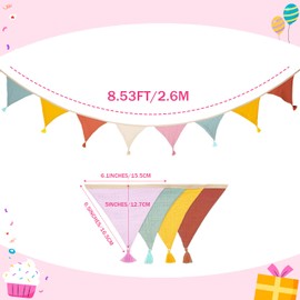2.6 m Fabric Bunting with Tassels, 10 Pieces, Double-Sided Cotton, Colourful Garland, Nursery Baby Shower, Children's Room, Pastel Bedroom & Baby Room Decoration